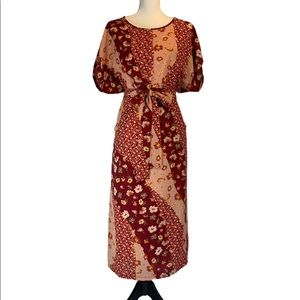 Patchwork Back in Time Midi Multi-floral Short Sleeved Dress with Tie Belt Large